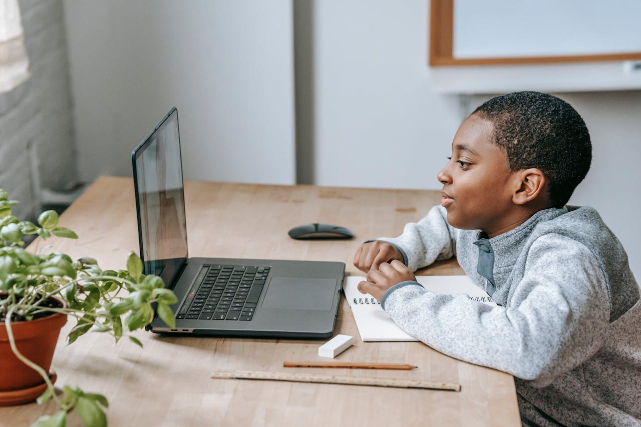 heros-img Side view of African American boy watching educational video with netbook while sitting at table with stationery